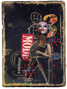 Collage artistique surréaliste mêlant une femme aux cheveux violets portant des anneaux de cou, des schémas techniques et des éléments pop art colorés