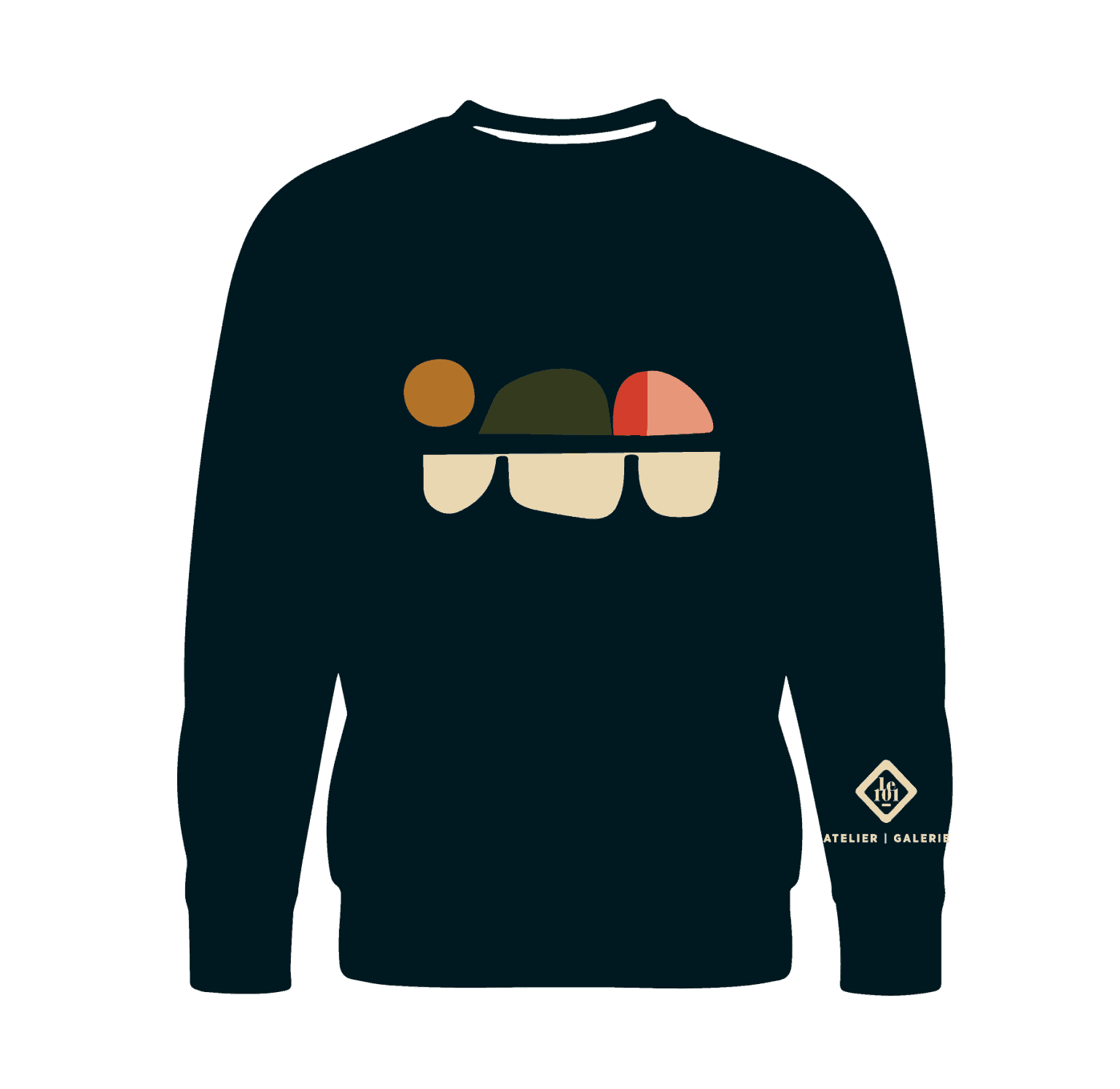 Sweat-shirt bleu marine avec illustration graphique d'une boîte d'œufs et logo Atelier Galerie sur la manche