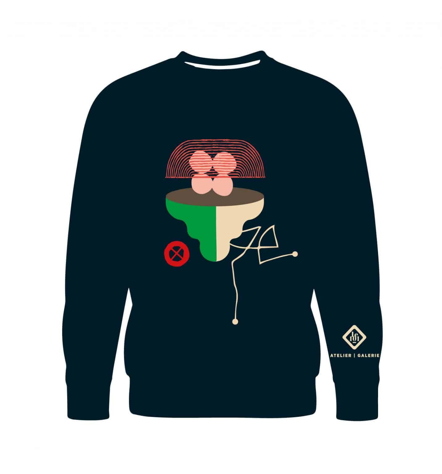 Sweat-shirt bleu marine Atelier Galerie avec illustration abstraite géométrique colorée sur la poitrine