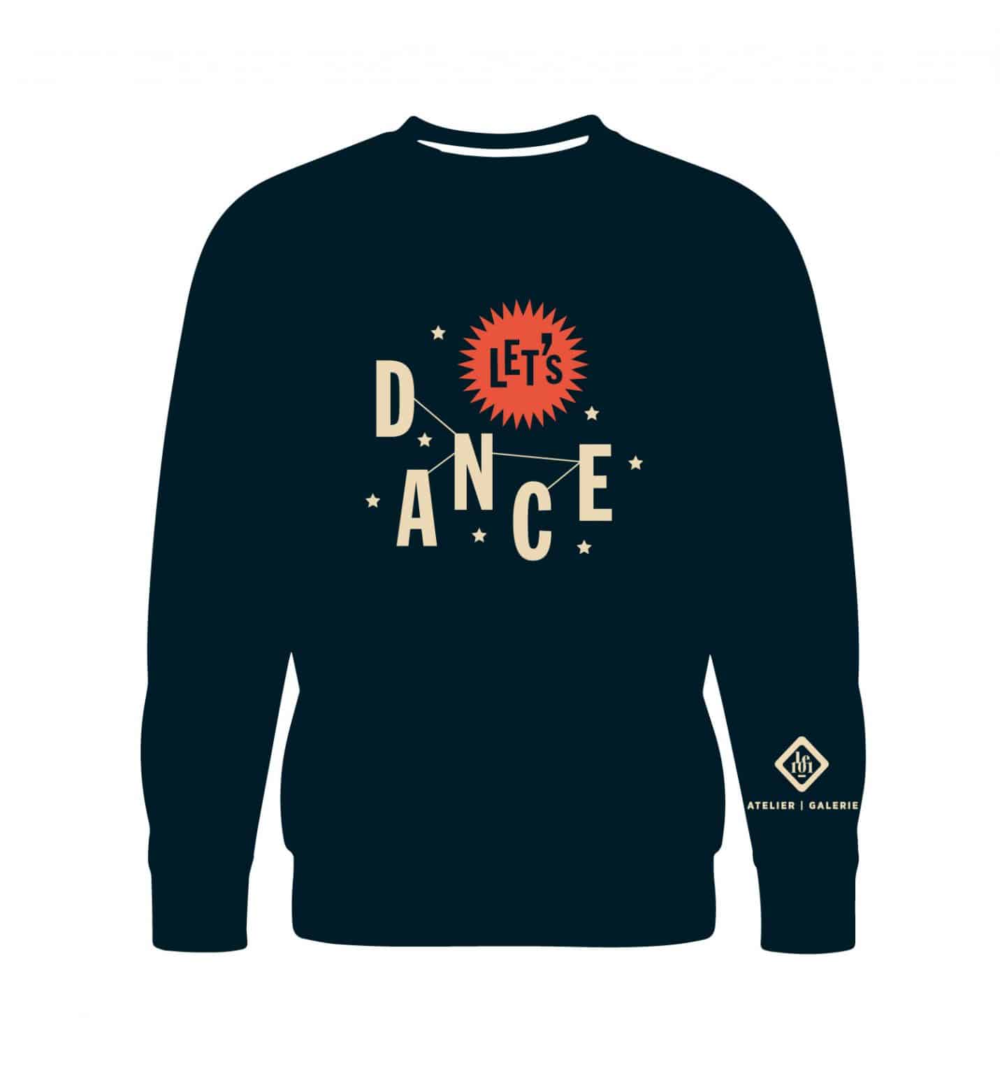 Sweat-shirt bleu marine avec inscription « Let's Dance » et logo Atelier Galerie sur la manche