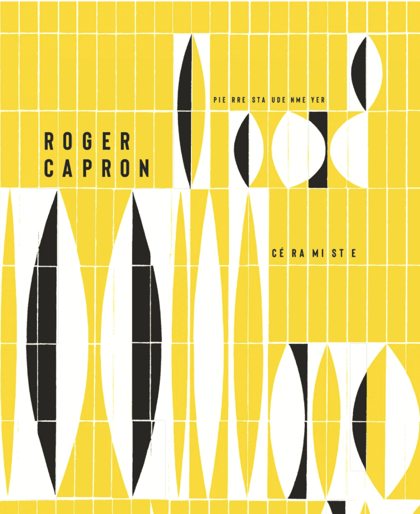 Affiche colorée de Roger Capron avec motifs géométriques en jaune, noir et blanc.